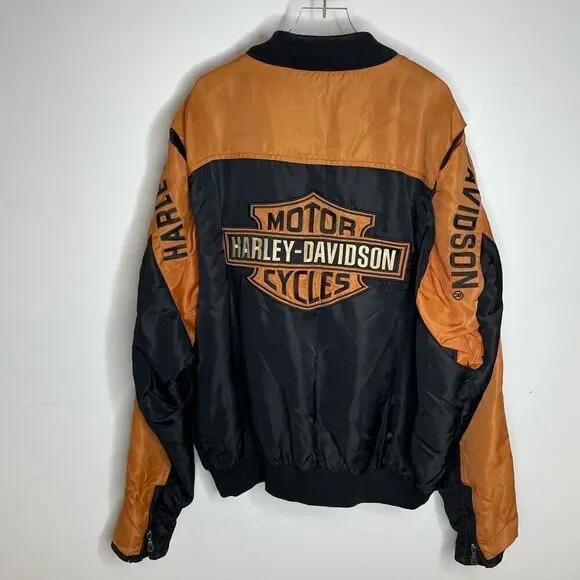 Harley Davidson Men’s Racing Jacket Black Bar Shield Orange Nylon Bomber Zip XL